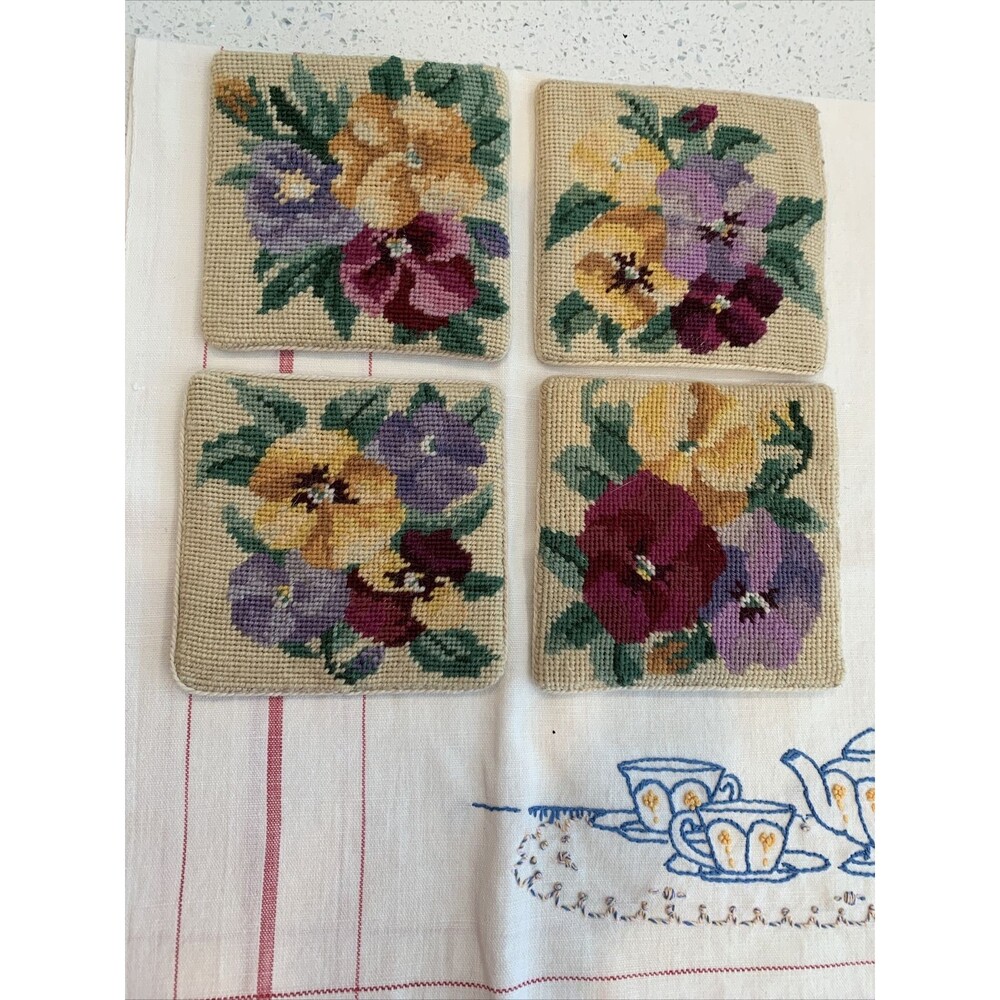 vintage hand embroidered coasters set of 4